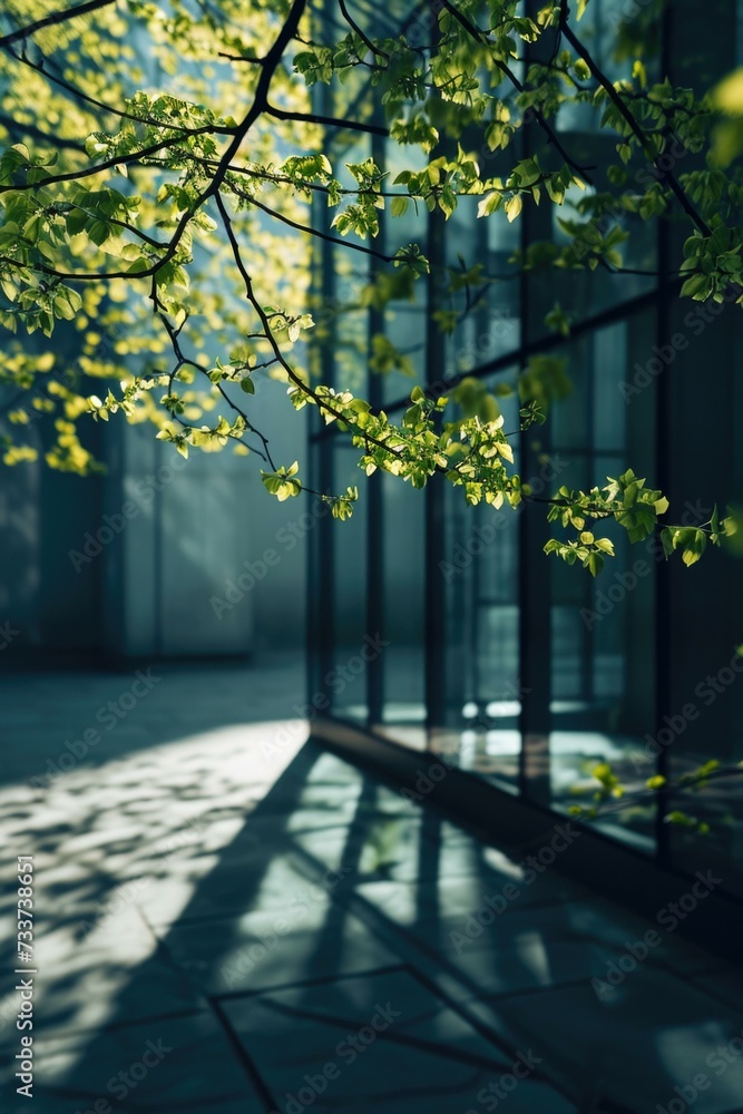 Poster a tree is in front of a building with sunlight. generative ai.