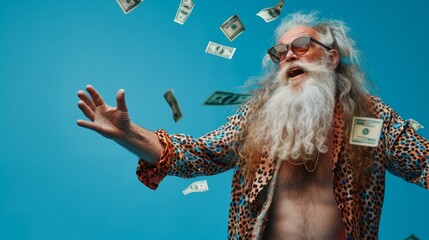 Old crazy rich man with sunglasses and leopard shirt smiling and throwing money, money in the air, dollar banknotes flying - obrazy, fototapety, plakaty