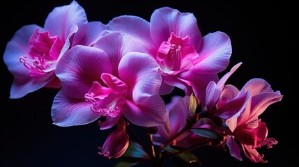 A close up of a bunch of pink flowers in the dark, AI