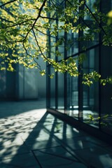A tree is in front of a building with sunlight. Generative AI.