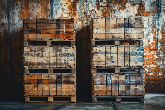 Three wooden crates stacked against a wall. Generative AI.