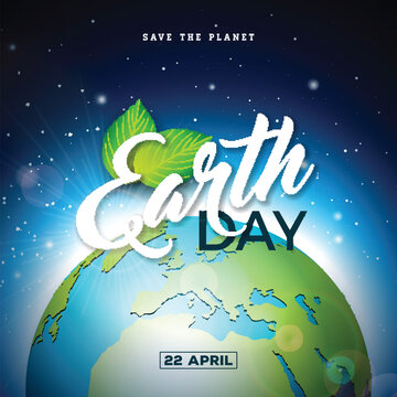Earth Day illustration with Planet and Green Leaf. World map background on april 22 environment concept. Vector design for banner, poster or greeting card.