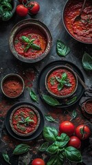 Obraz na płótnie Canvas A variety of tomato soup with basil leaves. Generative AI.