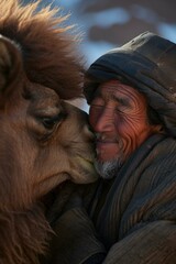 A man is kissing a camel. Generative AI.
