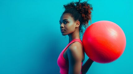 Fit girl with a red or yellow pilates ball exercising