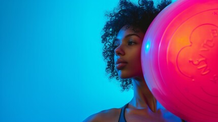 Portrait of young sportive girl training in the gym doing exercises with ball isolated over blue background in neon --ar 16:9 --v 6 Job ID: bf14f765-e7f9-4cfa-92c5-e6ee0788f0d2