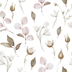 Seamless pattern with eucalyptus branches and rose buds in a watercolor style