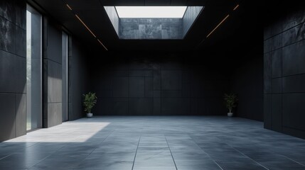 Contemporary Brutalist Interior with Black Cladding Walls and Tiled Concrete Floor. Empty Space, Architectural  .