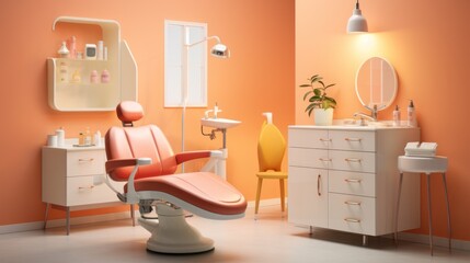 A dentist's office with a chair, sink and mirror, AI