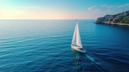 Aerial view of sailing luxury yacht at opened sea at sunny day in