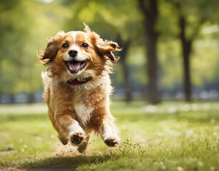 Portrait of a dog running in the park in sunny day at summer