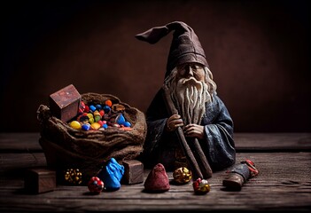 The Befana with sweet coal and candy on wooden background. Italian Epiphany day tradition. Generative AI