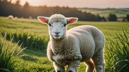 Portrait of a little cute lamb in the farm