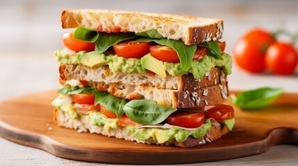 Sandwich with avocado, tomato, basil on a plate