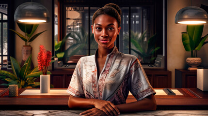 Portrait of a smiling young African-American woman at the reception of a cozy home Asian hotel. - obrazy, fototapety, plakaty