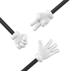 Cartoon hands play rock paper scissors game isolated. Showing Set of white gestures symbol , icon and sign concept. 3d rendering.