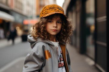 Portrait of a boy with curly hair in a cap on the street