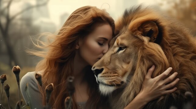 Embrace with a lion woman and lion