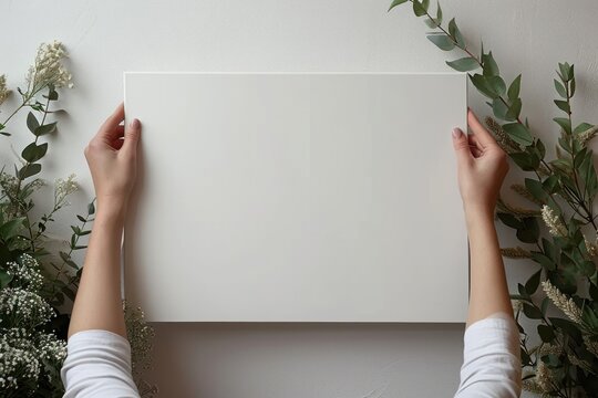 Blank canvas in female hands, picture mockup. Woman hanging canvas on white wall