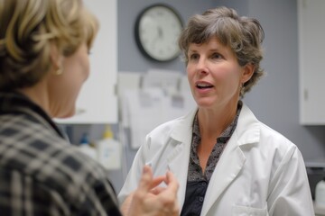 Obraz premium A doctor (woman) in a white coat talking to her patient