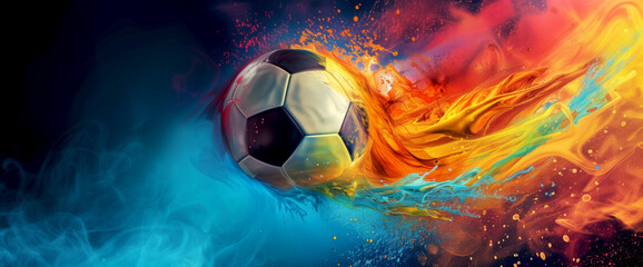 Soccer ball banner with fiery and cool blue visual effects, color splash, copy space Football ball in motion with hot and cold concept art. Soccer banner with fire and ice themes, football ball flying