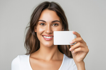 Woman With Beautiful Smile And Healthy Teeth In Plain Casual White T-shirt Hold Business Card Mockup, Smiling Dentist Clinic Client With Dental Gift Card Concept, Isolated Background