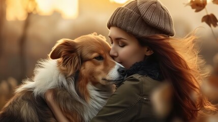 Cute little girl hugging dog with love eyes closed smiling