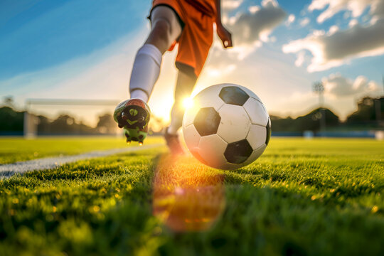 Soccer ball being kicked by a football player during sunset on the field. Golden hour soccer with player kicking the ball. Soccer game banner with players legs and football ball, action shot