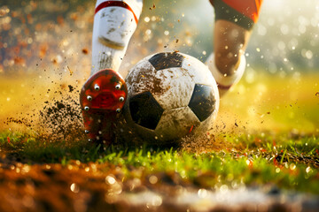 Muddy soccer ball on field with player's boots in action. Close-up of soccer play in mud, football ball and cleats dirty. Football game detail with mud splatter on ball and boots, professional stadium - obrazy, fototapety, plakaty