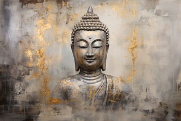 illustration of buddha painted canvas in the style of silver, Generative ai - obrazy, fototapety, plakaty