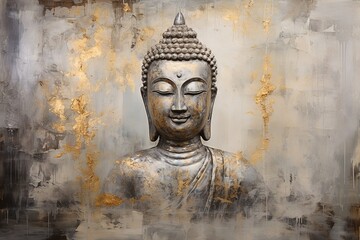 illustration of buddha painted canvas in the style of silver, Generative ai