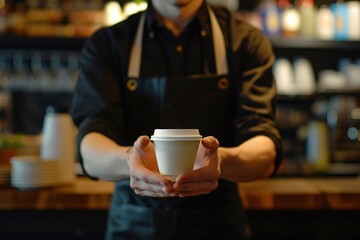 Waiter in black apron stretches a cup of coffee, cafe background, real shot very detailed, very sharp focus, 