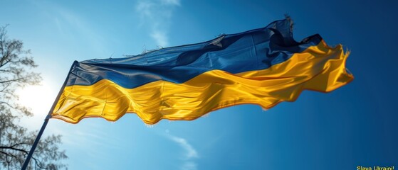 Ukrainian flag banner with empty copy space. Flag of  on blue sky background. National symbol of freedom and independence. "Slava Ukraini!" (Glory to ).