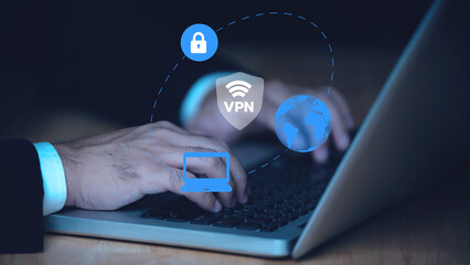 VPN Virtual Private network protocol concept, Person use laptop with virtualscreen of VPN icon for connect to VPN network.