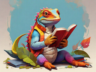 Colorful Lizard Reading Book Illustration
