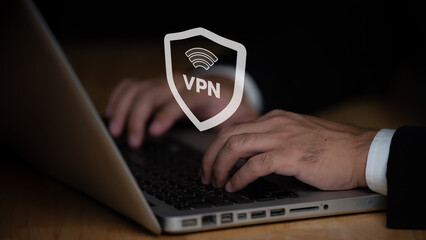 VPN Virtual Private network protocol concept, Person use laptop with virtualscreen of VPN icon for...