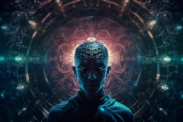 AI generated illustration of a robotic figure against a vibrant, abstract backdrop