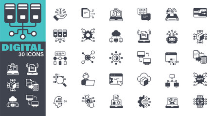 Digitalization Icons set. Solid icon collection. Vector graphic elements, Icon Symbol, Technology, Digital Display, Connection, IT Support, Data Analyzing, Big Data, Cloud Computing