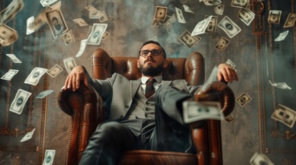 Proud Rich man sitting on an elegant chair smiling, throwing money to the air - obrazy, fototapety, plakaty
