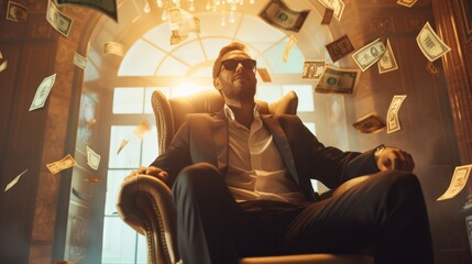 Proud Rich man sitting on an elegant chair smiling, throwing money to the air - obrazy, fototapety, plakaty