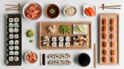 Set with tree images of sushi salmon on white background. Sushi menu. Japanese sushi set. Menu of the Japanese restaurant. Several sushi laid out on a plate with ginger sauce wasabi.