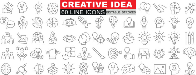 Creative Idea Line Icon Vector set, a comprehensive set of innovation and brainstorming symbols. Ideal for website and app design, featuring lightbulb, brain, gear, and more - obrazy, fototapety, plakaty