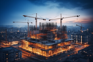 Construction of residential buildings with a tower crane in the city. Panoramic view of skyscrapers