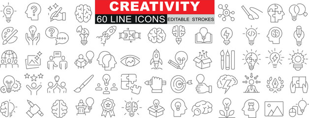 Creativity, 60 line icon set. Symbols for creative processes, tools, concepts. Ideal for web design, infographics, mobile apps. Enhances user engagement, understanding