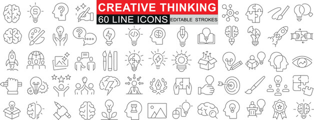 Creative Thinking 60 Line Icons, perfect for innovation, brainstorming, ideas. Ideal for web design, presentations, infographics. Clear visuals for creativity, problem solving concepts - obrazy, fototapety, plakaty