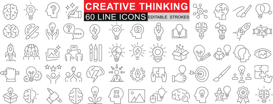 Creative Thinking 60 Line Icons, perfect for innovation, brainstorming, ideas. Ideal for web design, presentations, infographics. Clear visuals for creativity, problem solving concepts