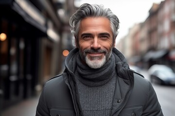 Portrait of a handsome middle-aged man with grey hair wearing a black leather jacket and gray scarf