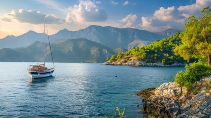 Boat in the sea with beautiful mountains in the background, luxury summer holiday in the seaside