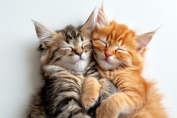 Naklejka na ściany i meble Two cute and sweety fluffy kittens sleeping, cuddled up to each other. Concepts: love, care, warmth, lovers, Valentine's day