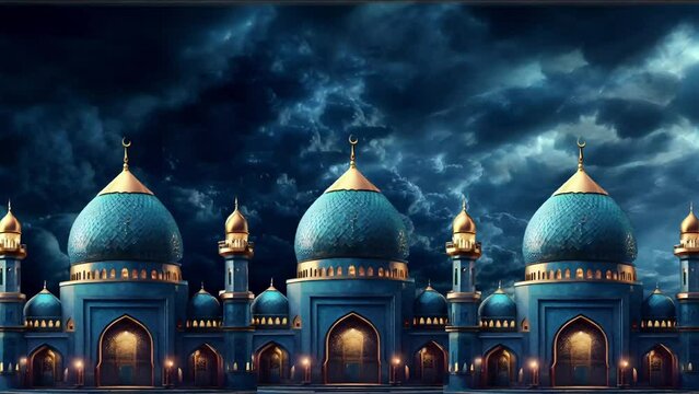Mosque building background at night with eccentric magic dark clouds. 